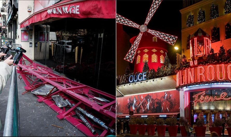 Sails from iconic Moulin Rouge windmill in Paris collapse to ground