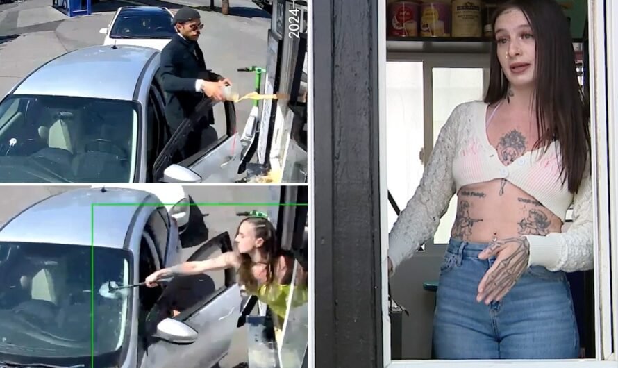 Bikini-clad barista takes hammer to customer’s windshield after he throws coffee at her