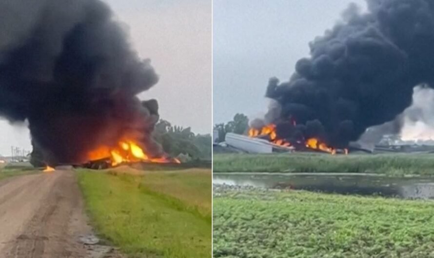 Train hauling hazardous material derails, catches fire in North Dakota