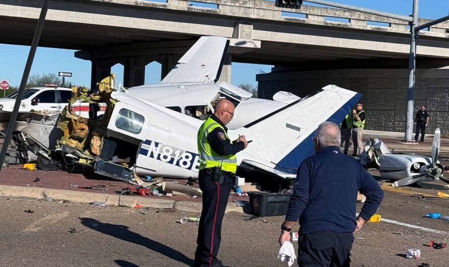 Aftermath of small plane crash onto Texas roadway caught on camera with split fuselage, damaged vehicles